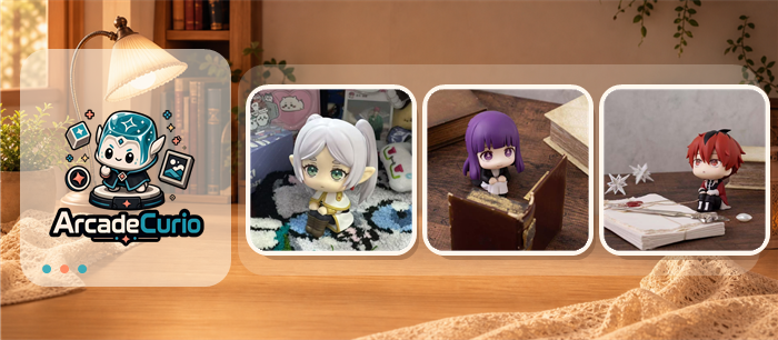 Arcade Curio Frieren chibi sitting figures cozy desk decor banner