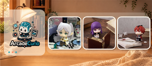 Arcade Curio Frieren chibi sitting figures cozy desk decor banner