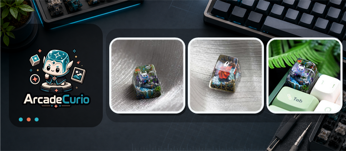 Arcade Curio keycap size guide with Hollow Knight resin artisan keycaps