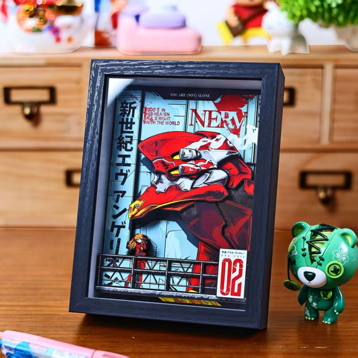 Angled view of layered Evangelion artwork showing its dimensional depth