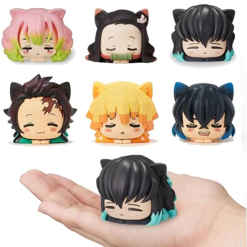 Six cat-ear Demon Slayer-inspired chibi mini figures on a white background